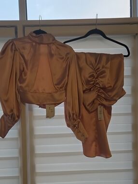 ASOS Gold Satin Puff-Sleeve Cropped Top and Ruched Skirt Set